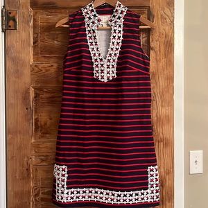 STS Sail to Sable Blue & Red Sleeveless Dress with collar and hem detail. Size S